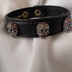 Betsy Johnson Leather Bracelet with Iridescent Crystal Skull Studs
